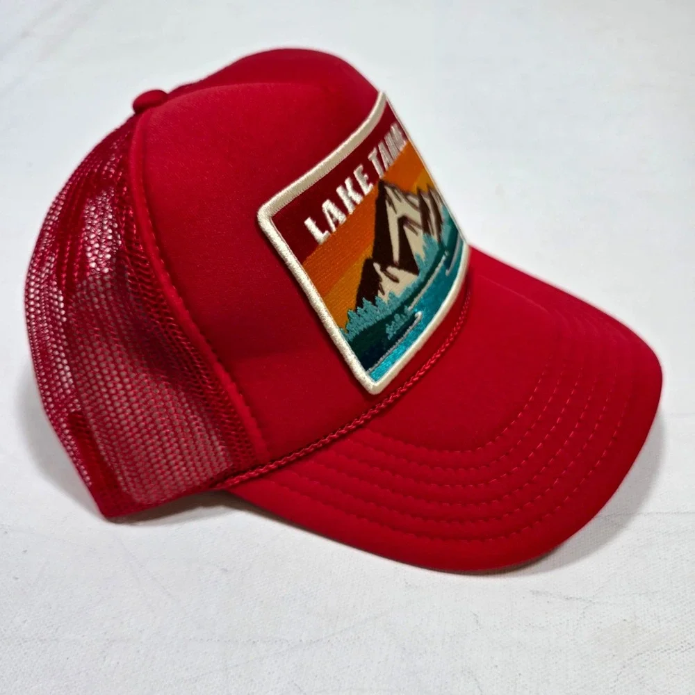 Port Sandz Trucker Hat Red Lake Tahoe Mountain Patch Mesh Snapback Cap Camping